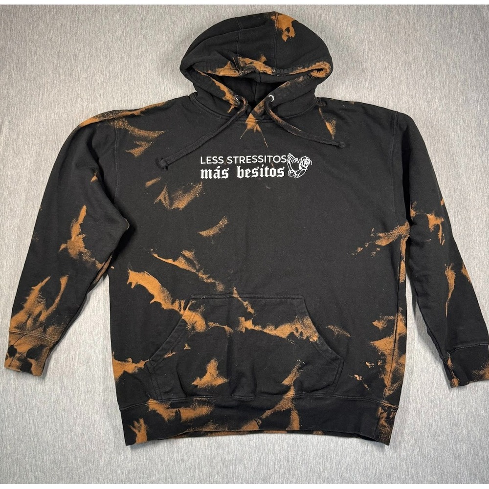 Custom Bleached Black‎ Hoodie "Less Stressitos Más Besitos" Graphic XL